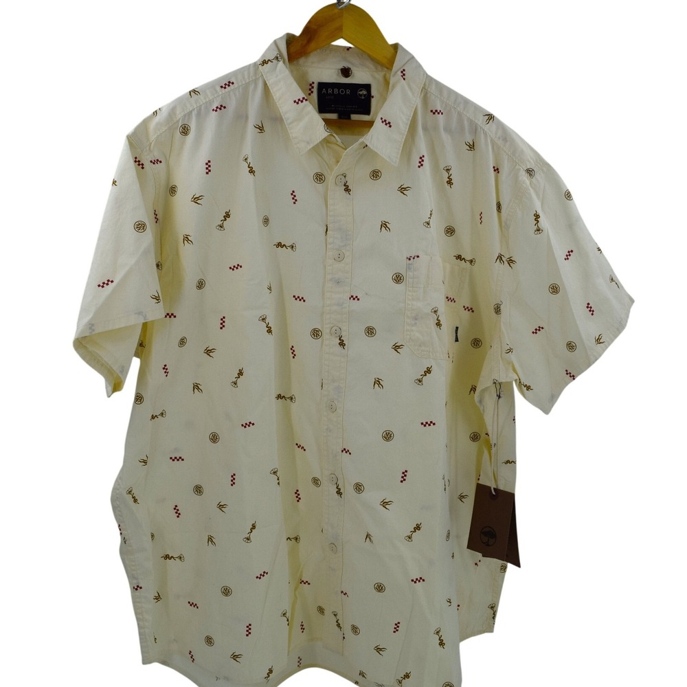 NWT Arbor Short Sleeve Button Up Shirt Men's L‎ Cream Patterned Casual Top